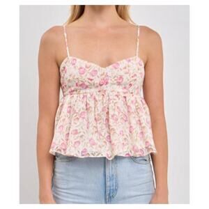 Free The Roses Women's Babydoll Top Size L Boho Cottagecore Romantic Pink Floral
